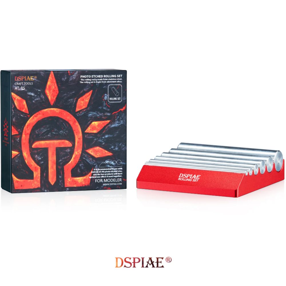 DSPIAE AT-RS Photo Etched Rolling Set box beside the red groove block holding six steel rods