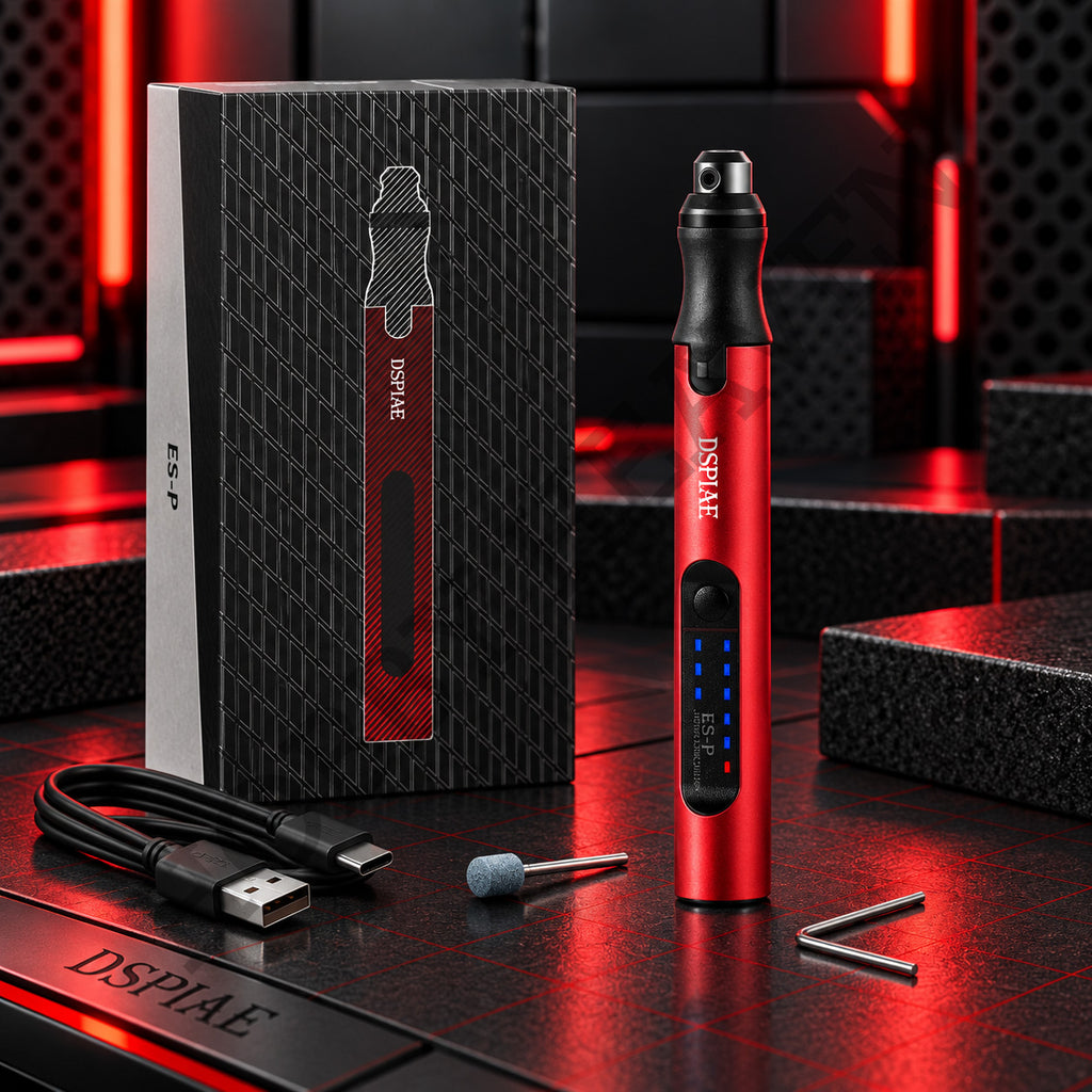 DSPIAE ES-P electric sanding pen in red beside its patterned box, a USB cable, a grinding head and a hex wrench
