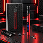 DSPIAE ES-P electric sanding pen in red beside its patterned box, a USB cable, a grinding head and a hex wrench