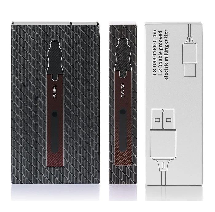 DSPIAE ES-P box, sleeve and side panel listing a 1 m USB-C cable and a double-grooved milling cutter