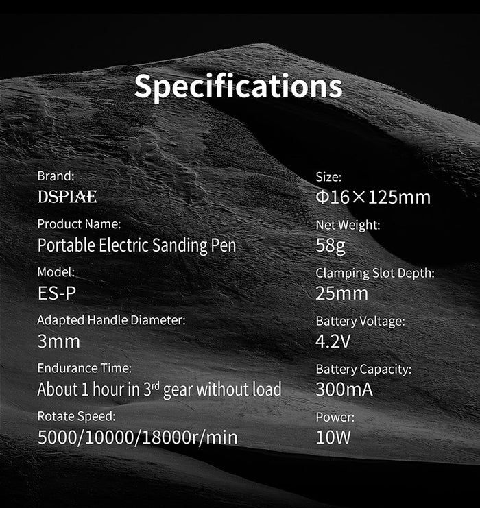 DSPIAE ES-P specifications: 16 x 125 mm, 58 g, 3 mm shank, 25 mm clamping depth, 5000/10000/18000 r/min