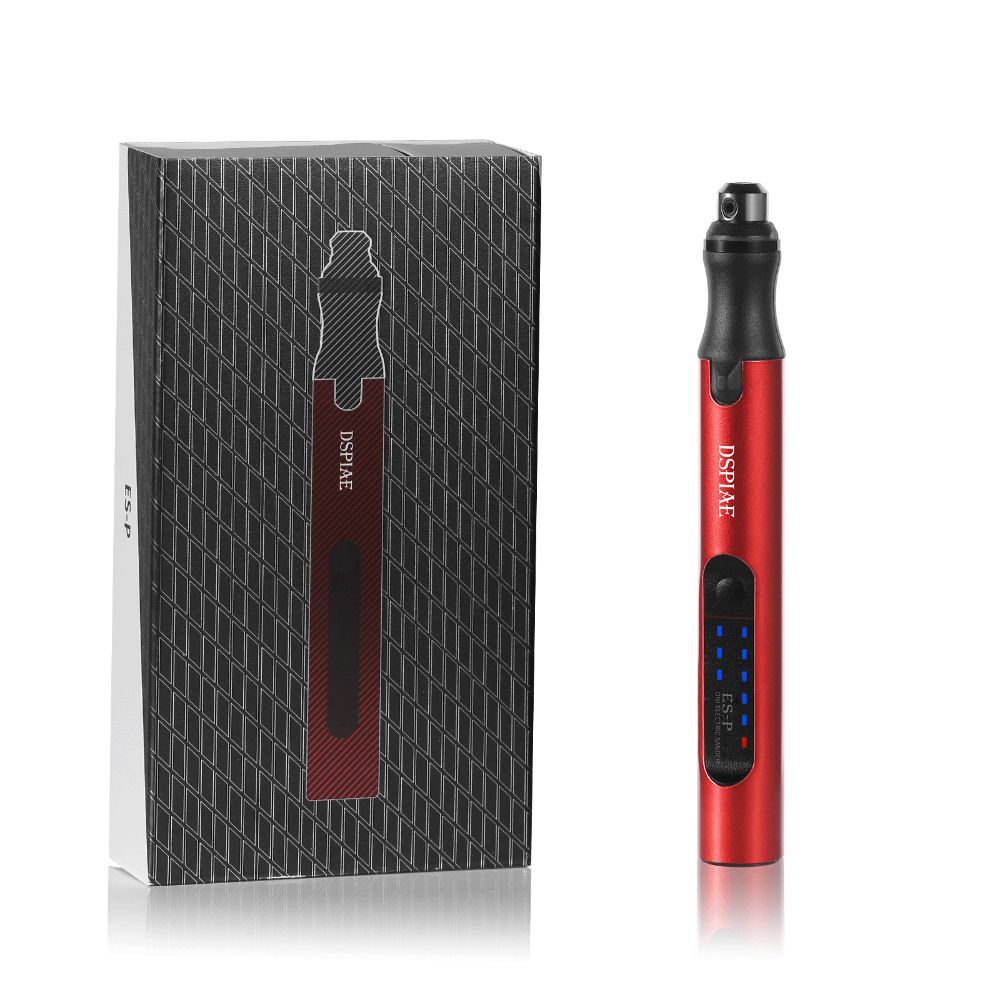 DSPIAE ES-P sanding pen standing next to its black and red patterned box on a white background