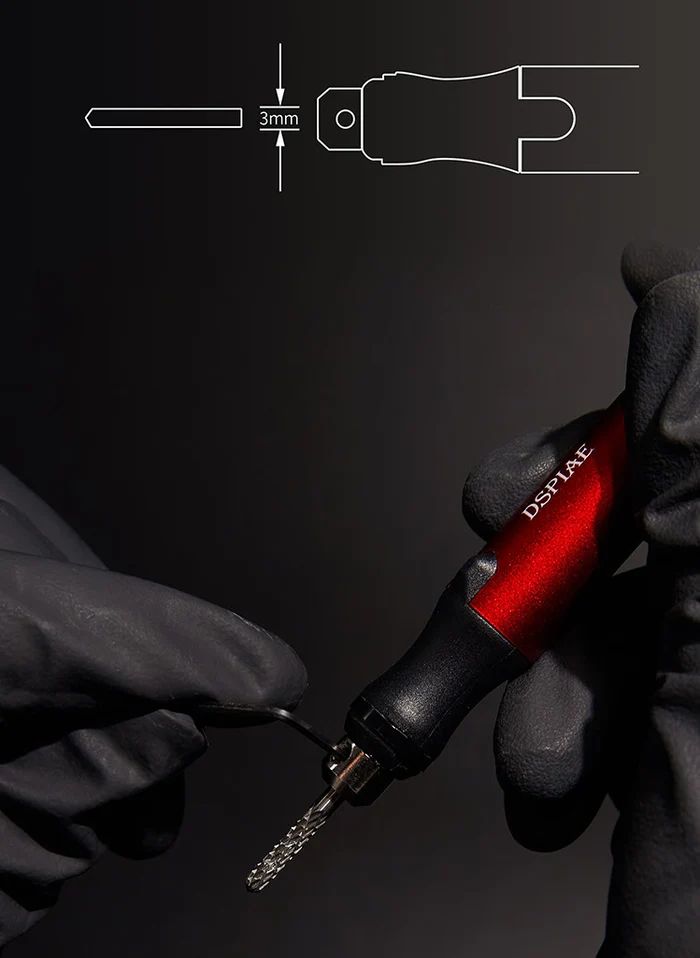 DSPIAE panel: a gloved hand holding the ES-P with a cutter fitted, and a drawing of a 3 mm shank in the chuck