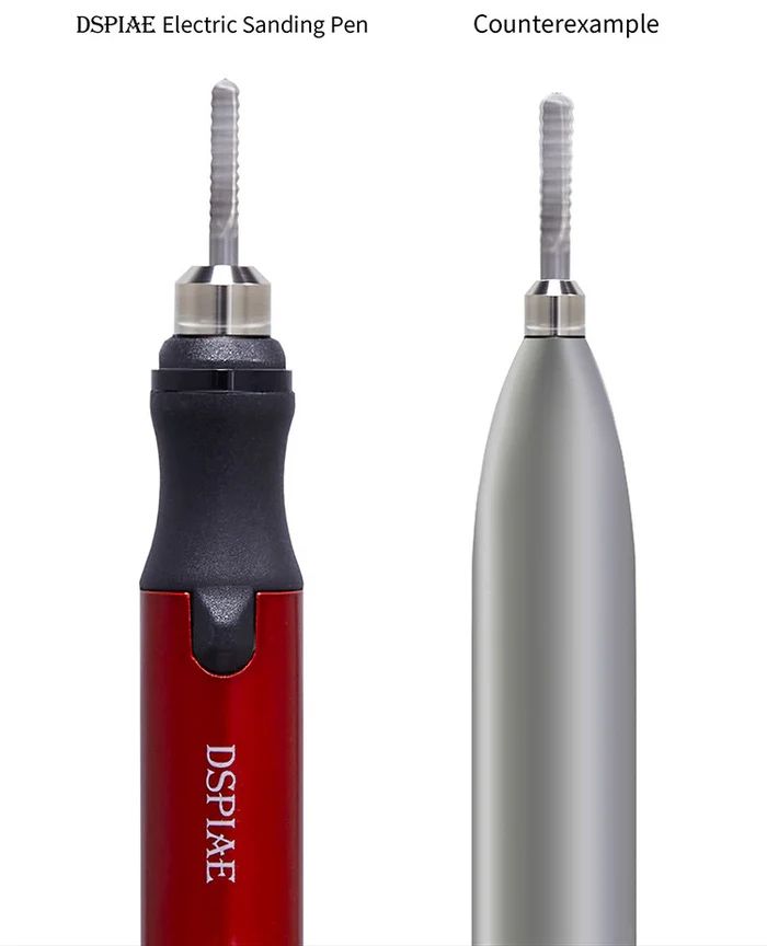 DSPIAE comparison: the ES-P chuck and grinding head beside another sanding pen labelled Counterexample