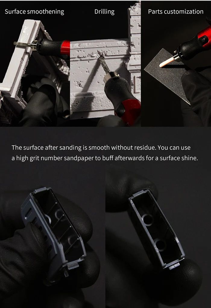 DSPIAE uses panel: surface smoothing, drilling and parts customisation, then a smoothed grey plastic part