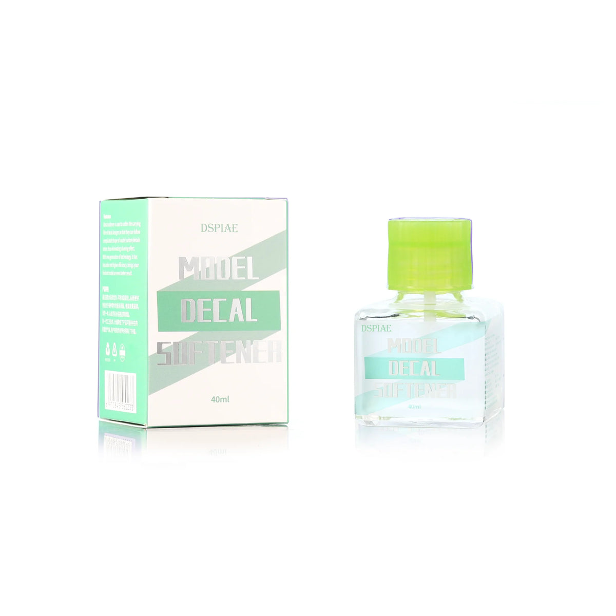 Earlier packaging of DSPIAE Model Decal Softener: 40 ml bottle with light green cap and its box, on white