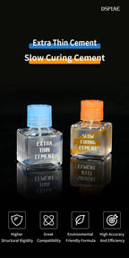 DSPIAE panel: Extra Thin Cement and Slow Curing Cement bottles side by side, with four feature icons