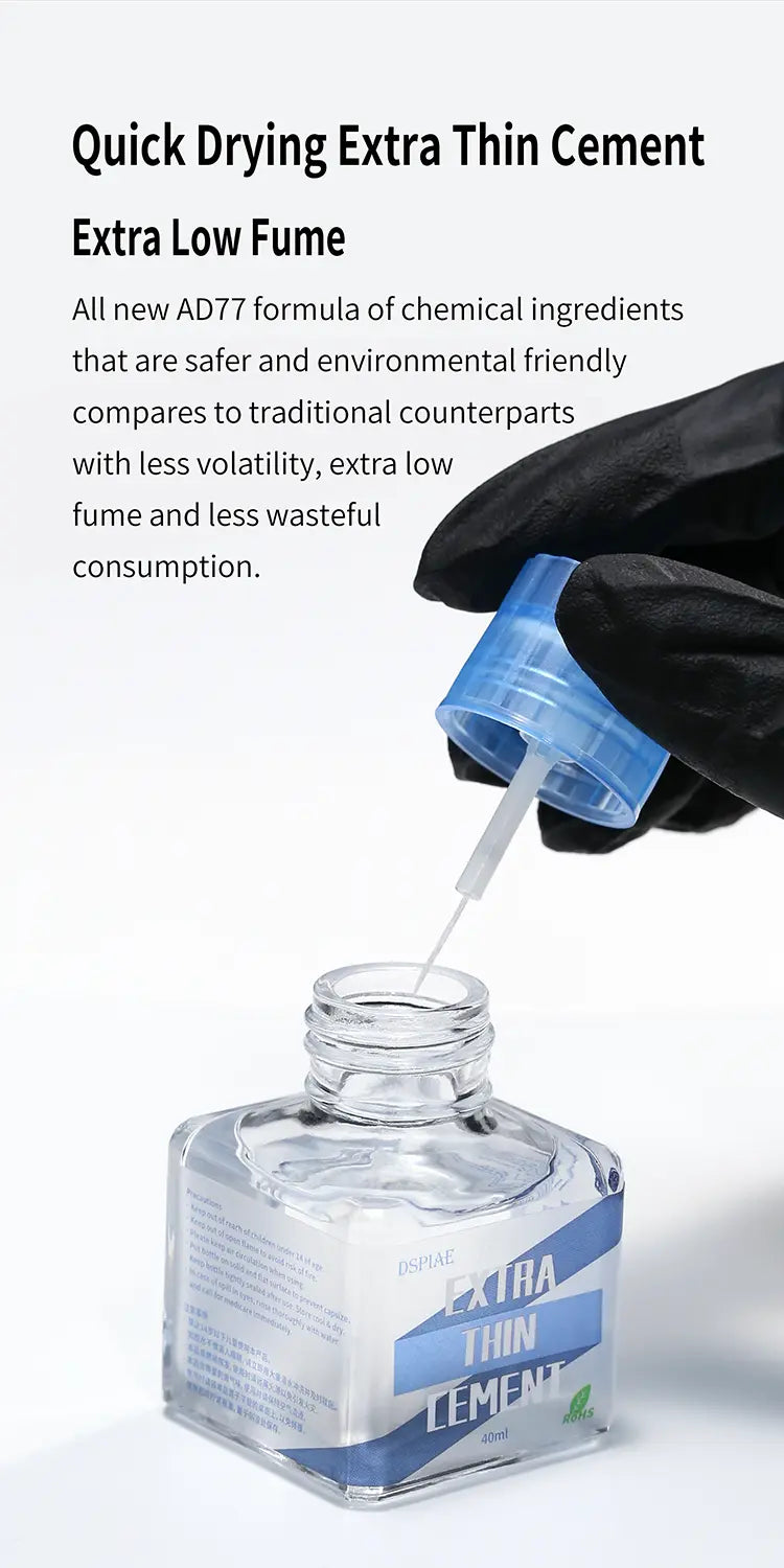 DSPIAE panel: Quick Drying Extra Thin Cement, extra low fume AD77 formula, bottle with the cap brush lifted out