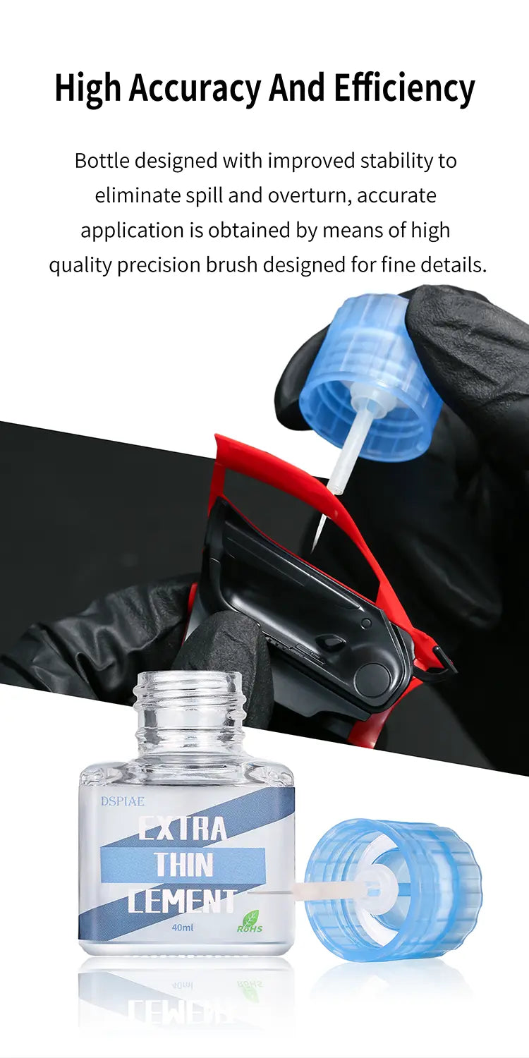 DSPIAE panel: spill-resistant bottle and precision brush in the cap, applying Extra Thin Cement to a red part