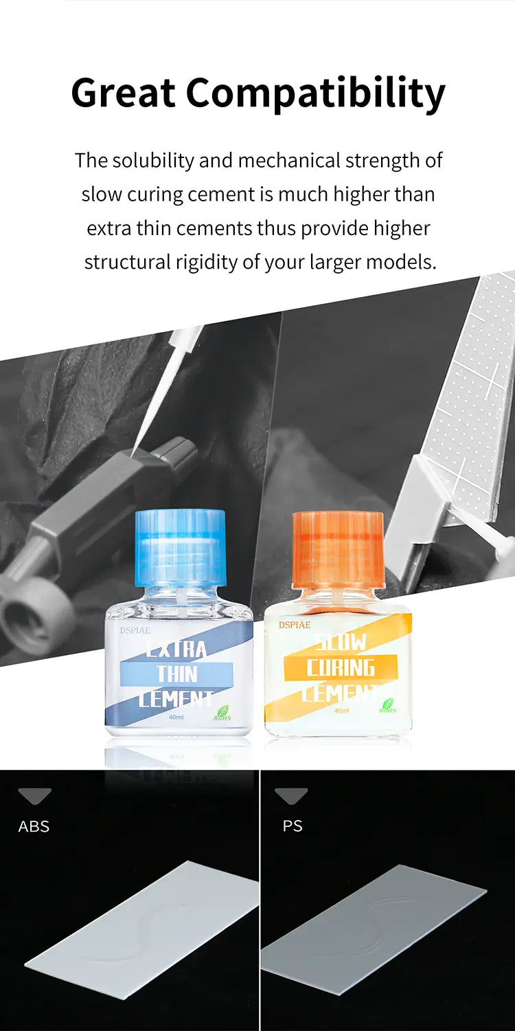 DSPIAE panel: both cements with ABS and PS sample sheets, slow curing cement for larger models
