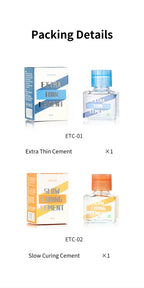 DSPIAE packing details: ETC-01 Extra Thin Cement and ETC-02 Slow Curing Cement, one bottle and box each