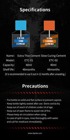 DSPIAE specifications for ETC-01 and ETC-02: 40 ml, shelf life 48 months, with the precautions list