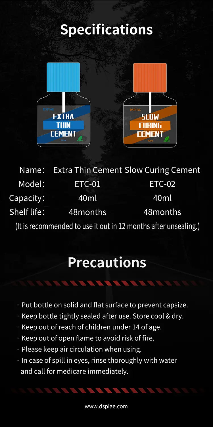 DSPIAE specifications for ETC-01 and ETC-02: 40 ml, shelf life 48 months, with the precautions list