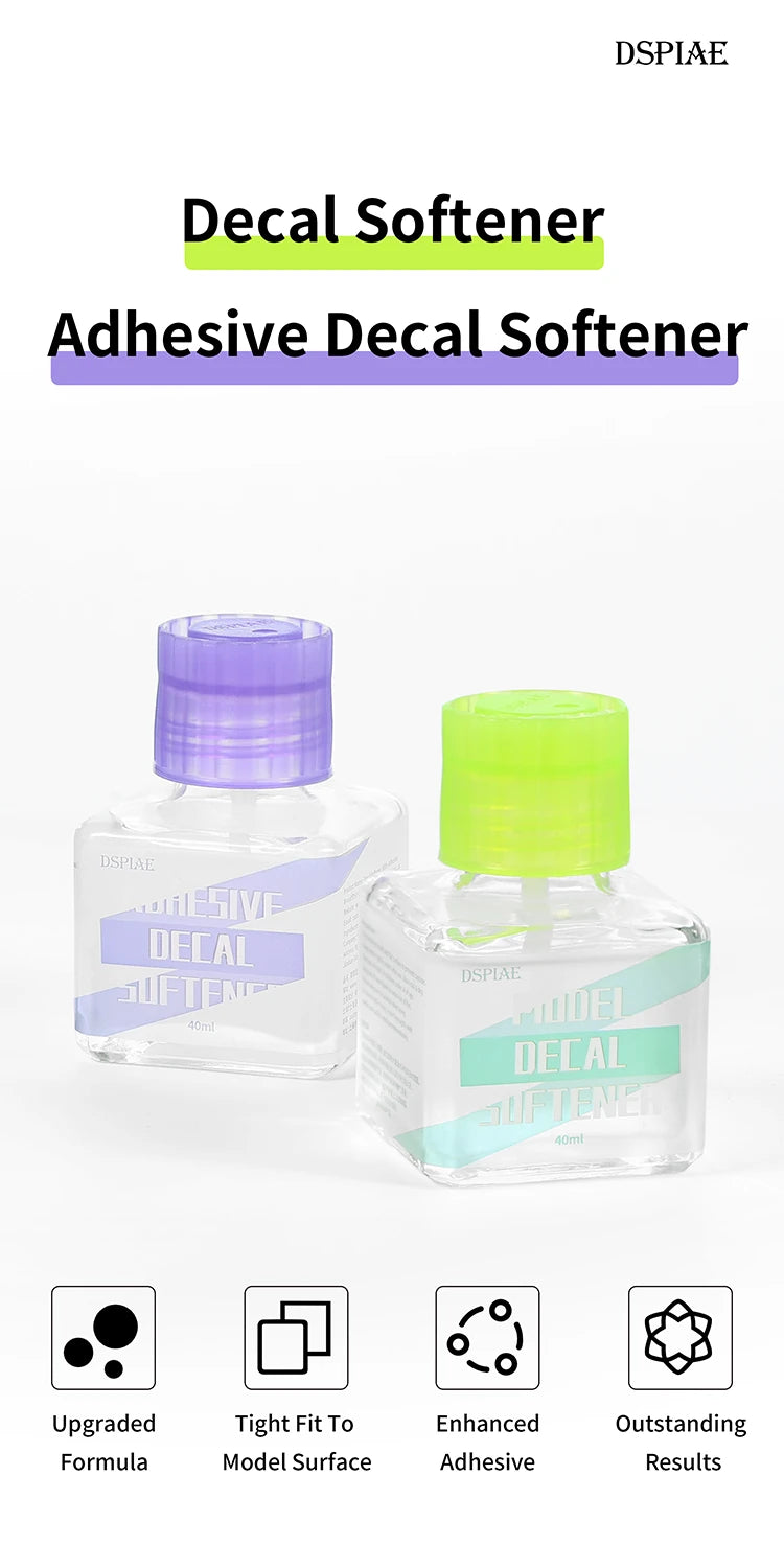 DSPIAE panel: Decal Softener and Adhesive Decal Softener bottles side by side, with four feature icons