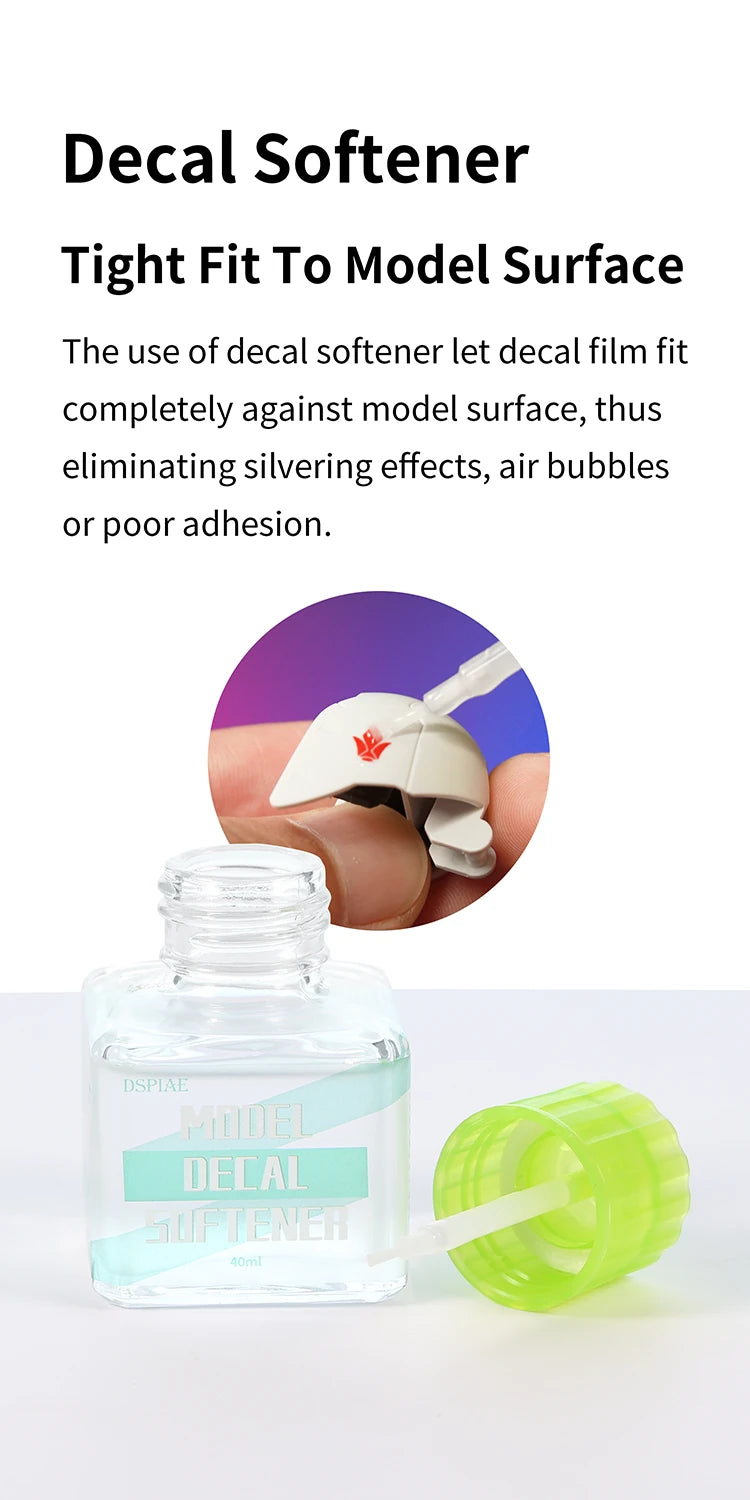 DSPIAE panel: Decal Softener makes the decal film fit tightly to the model surface, shown on a white part
