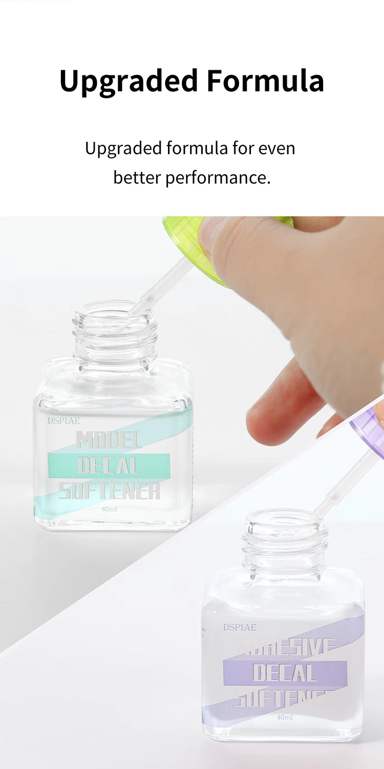 DSPIAE panel: upgraded formula, softener brushed from the bottle onto a decal