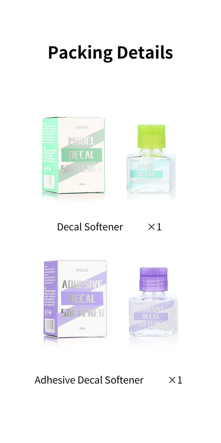 DSPIAE packing details: ETC-03 Decal Softener and ETC-04 Adhesive Decal Softener, one bottle and box each