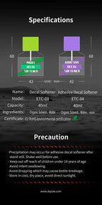 DSPIAE specifications for ETC-03 and ETC-04: 40 ml bottles, 68 x 42 mm, ingredients and precautions
