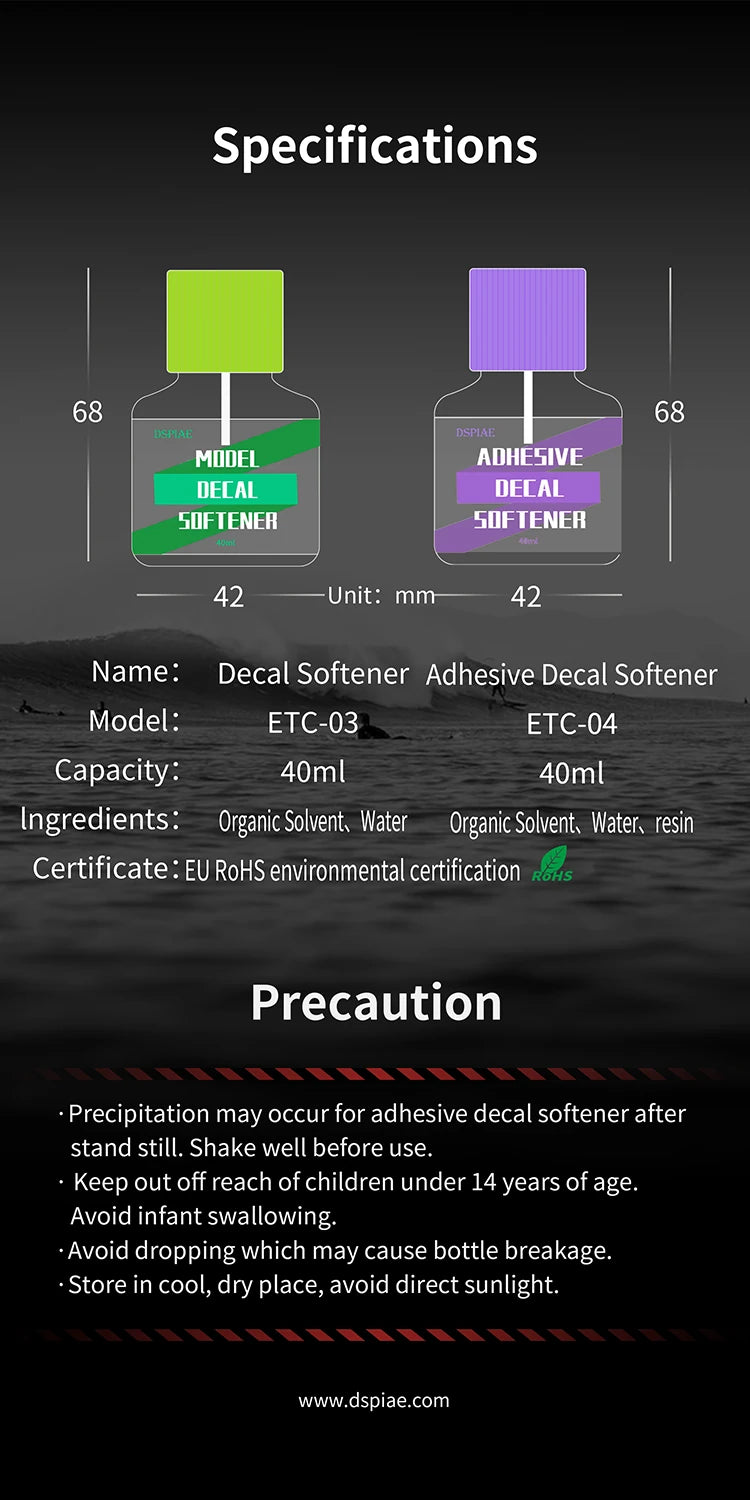 DSPIAE specifications for ETC-03 and ETC-04: 40 ml bottles, 68 x 42 mm, ingredients and precautions