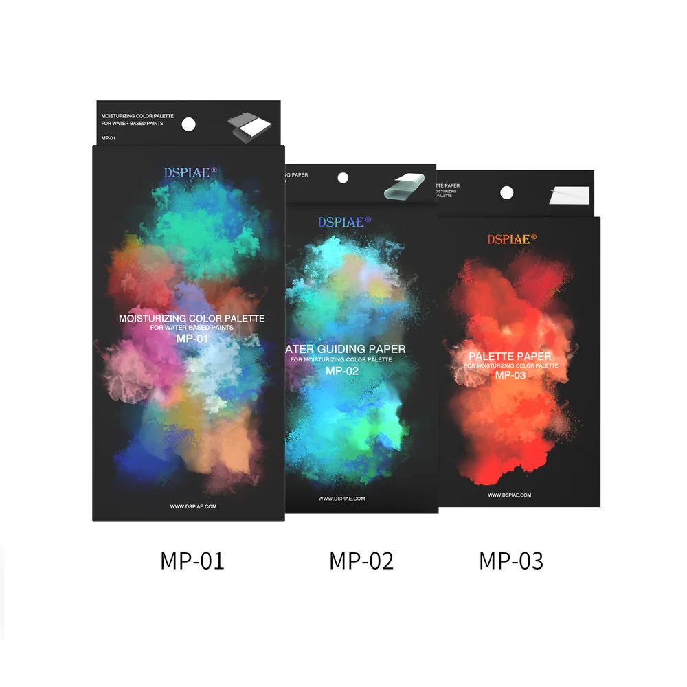 DSPIAE MP-01 palette box with the MP-02 water guiding paper and MP-03 palette paper packs