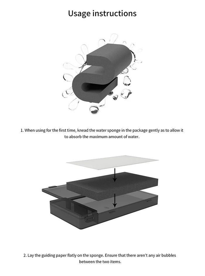 DSPIAE usage steps 1-2: knead the sponge in water, then lay the guiding paper on it without air bubbles