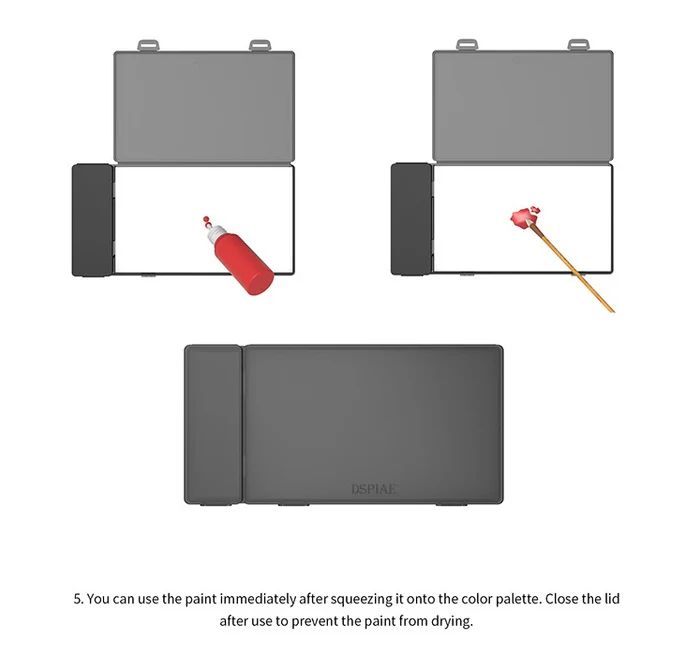 DSPIAE usage step 5: squeeze paint onto the palette paper, then close the lid so it does not dry