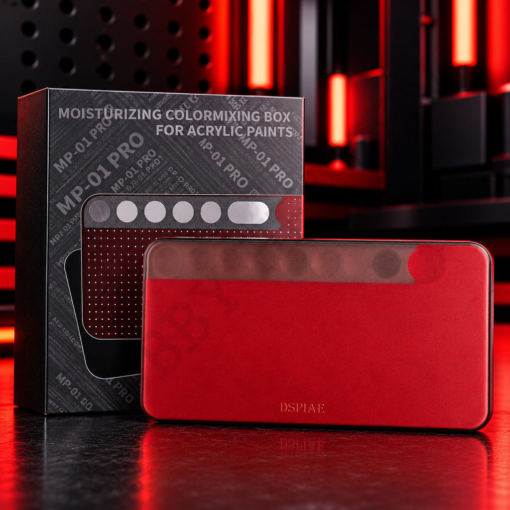 DSPIAE MP-01 PRO wet palette, red tray with a dark lid, in front of its grey box on a red-lit desk