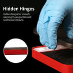 DSPIAE Hidden Hinges panel: the lid opening smoothly on the red tray