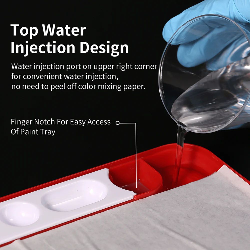 DSPIAE Top Water Injection panel: water poured into the corner port without lifting the paper