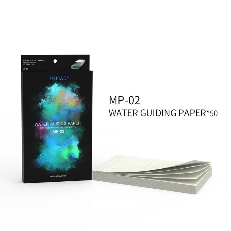 DSPIAE MP-02 Water Guiding Paper box, 50 sheets, beside a fanned stack of grey guiding paper