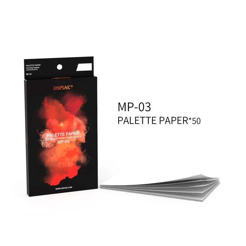 DSPIAE MP-03 Palette Paper box, 50 sheets, beside a fanned stack of palette paper