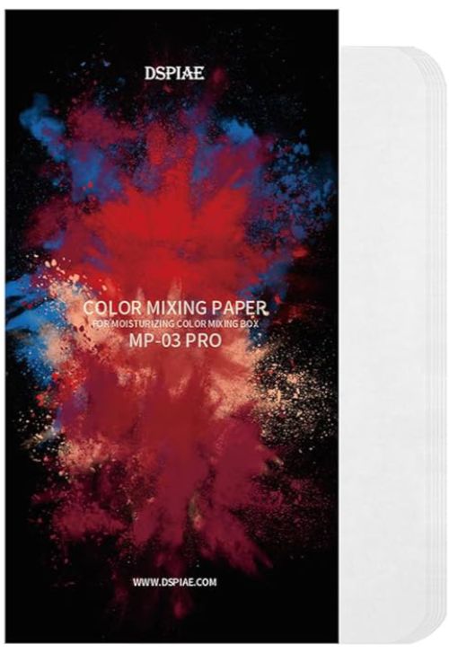 DSPIAE MP-03 PRO Color Mixing Paper pack, red cover, beside a stack of white sheets