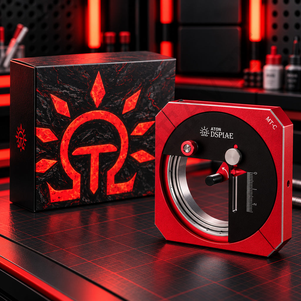 DSPIAE MT-C stepless circular cutter: red square body with a steel bearing ring, beside its black box