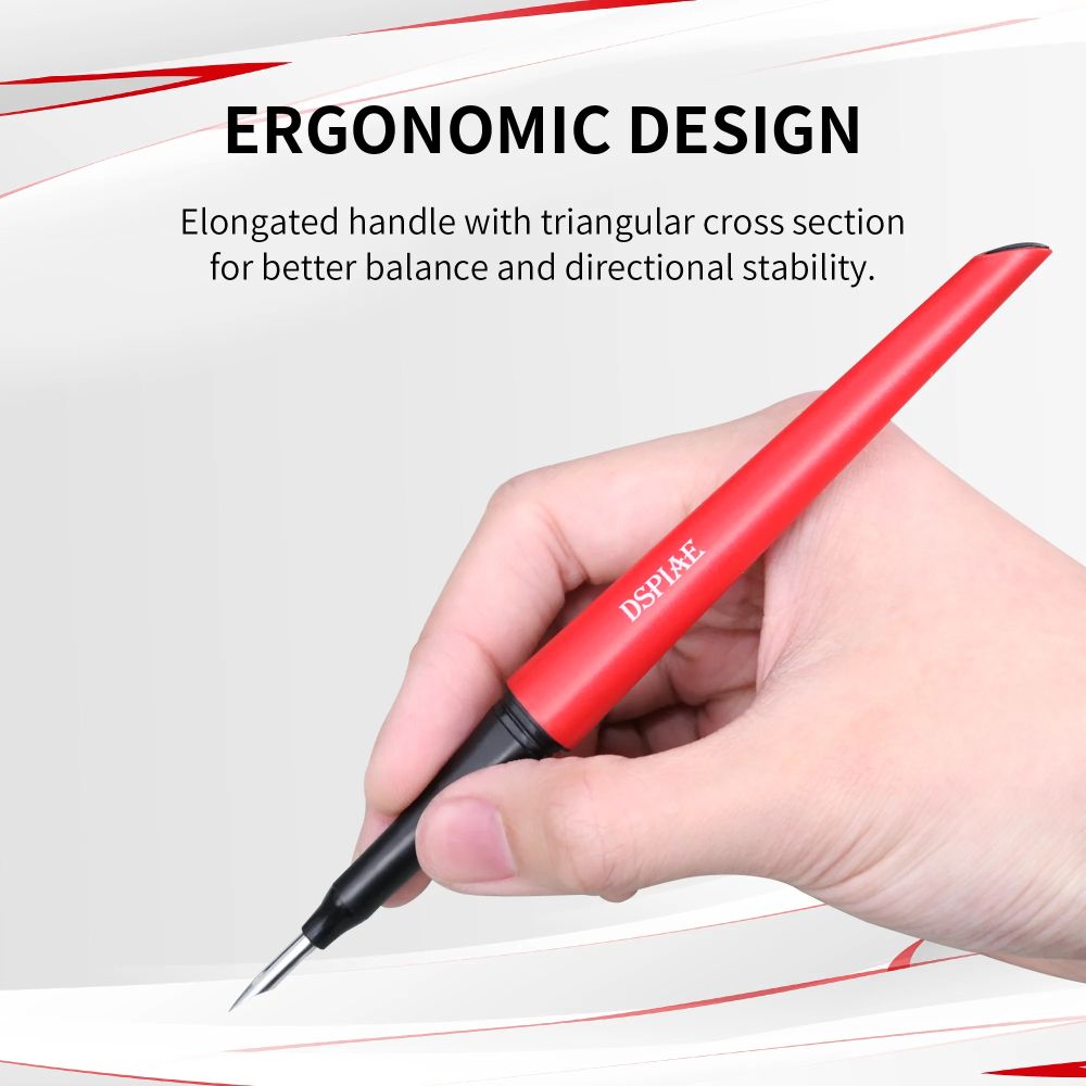 DSPIAE Ergonomic Design panel: the long triangular red handle held like a pen