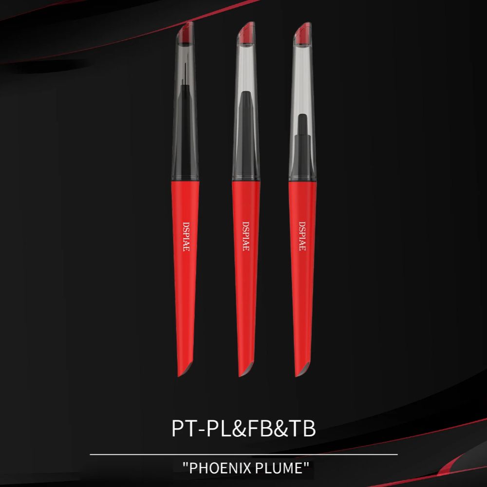 The three red DSPIAE Phoenix Plume PT-PL, PT-FB and PT-TB handles on black