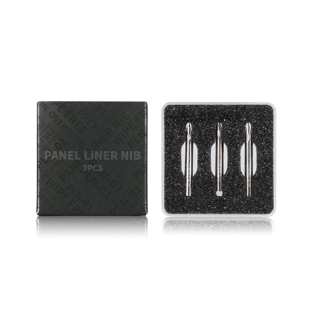 DSPIAE PLN-01 box beside three stainless steel panel liner nibs in a foam-lined case