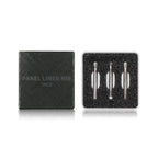 DSPIAE PLN-01 box beside three stainless steel panel liner nibs in a foam-lined case
