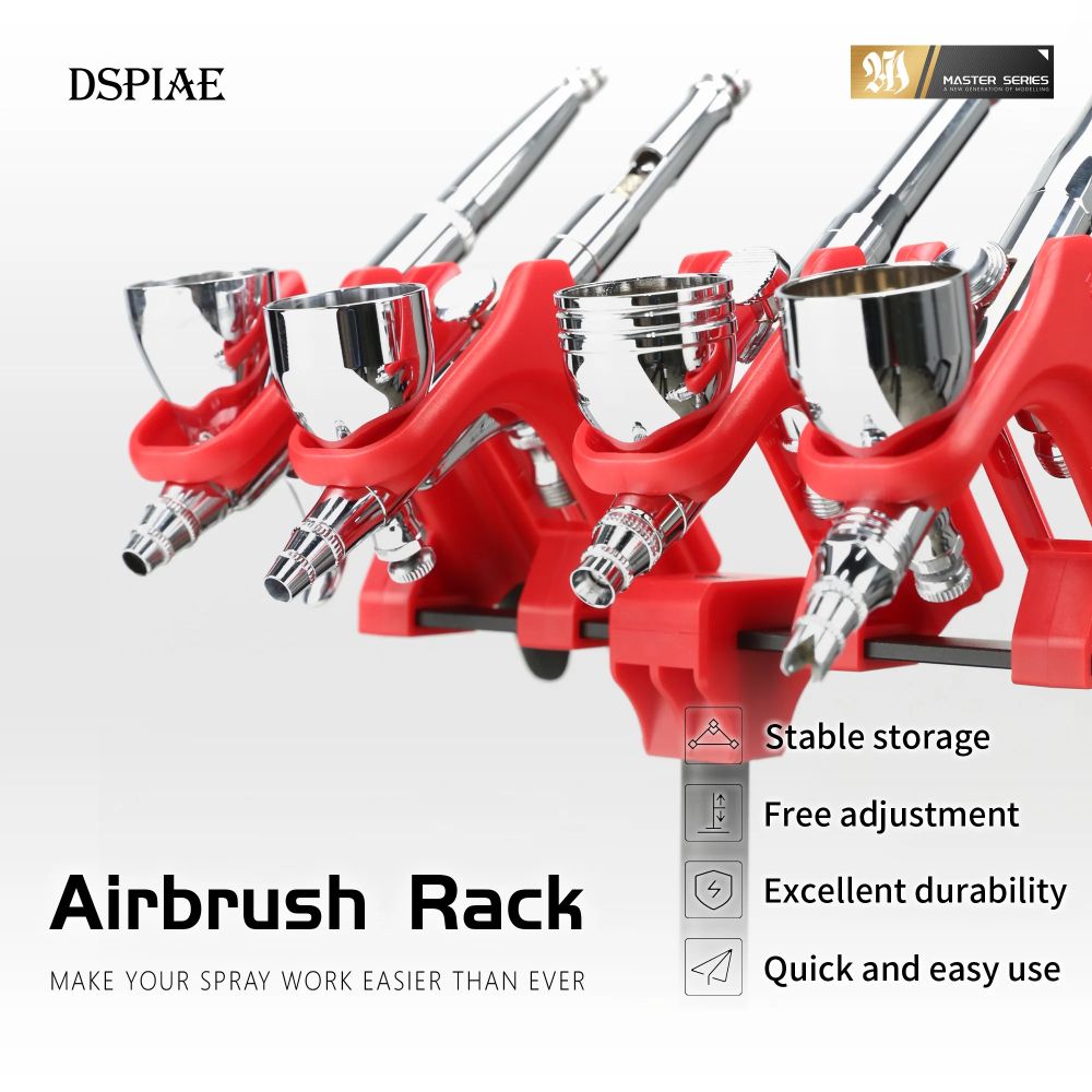 DSPIAE Airbrush Rack panel: four airbrushes in the red slots, with the four feature icons
