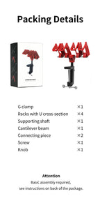 DSPIAE packing details for the PT-AR: G clamp, four U-section racks, shaft, beam, connectors, screw, knob