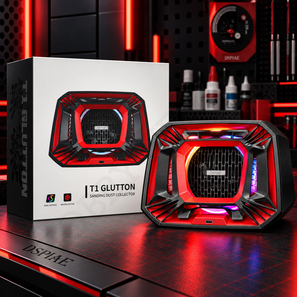 Glutton dust collector lit in red beside a box printed T1 Glutton; the T1 PRO box adds a small PRO badge