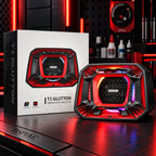 Glutton dust collector lit in red beside a box printed T1 Glutton; the T1 PRO box adds a small PRO badge