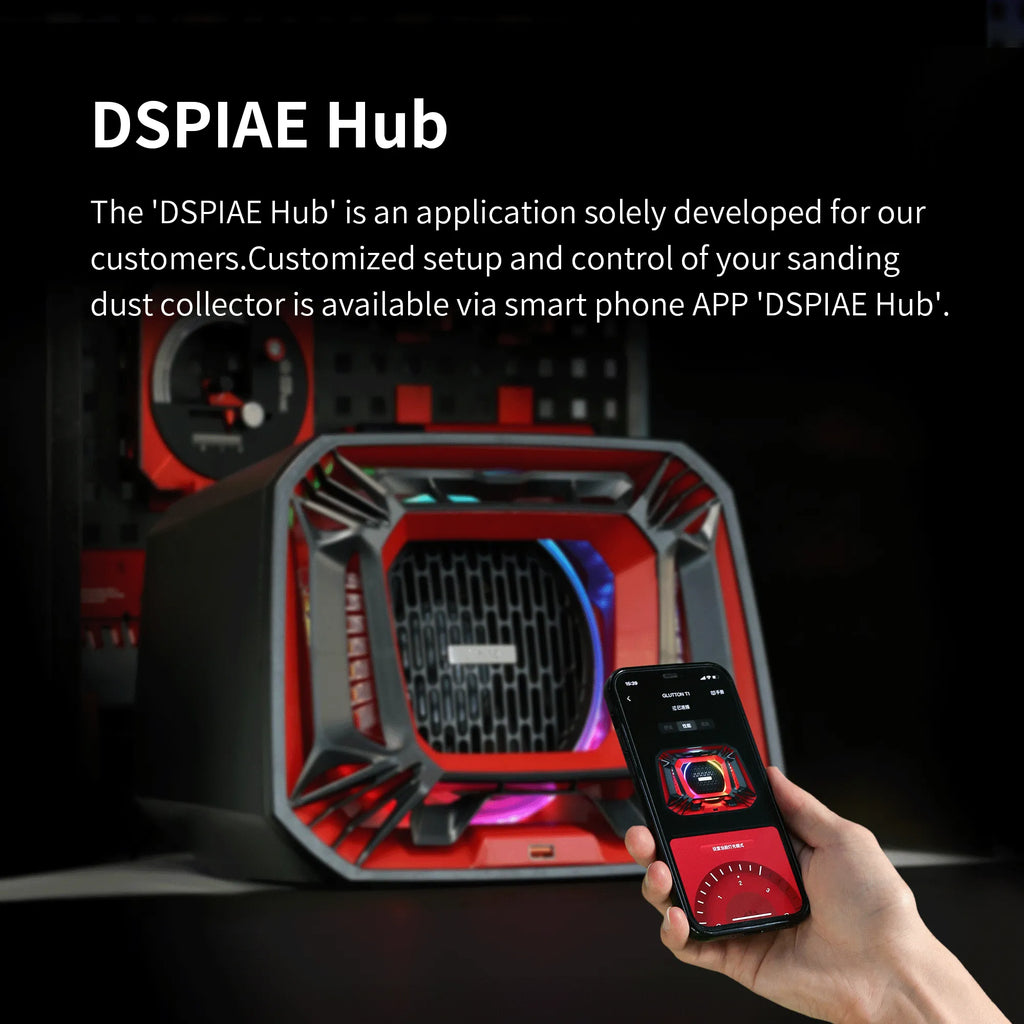 DSPIAE Hub panel: a phone running the DSPIAE Hub app beside the lit dust collector
