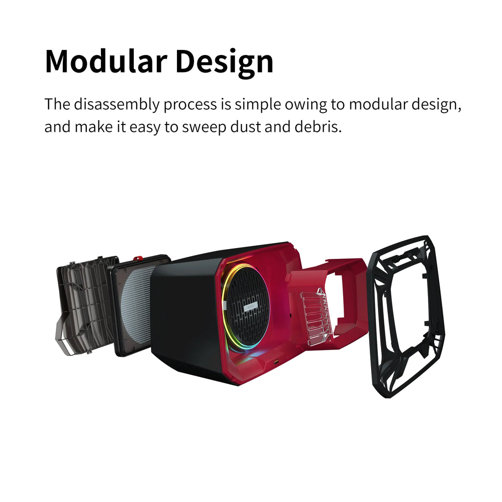 DSPIAE Modular Design panel: the dust collector taken apart into filter, body and front grille for cleaning