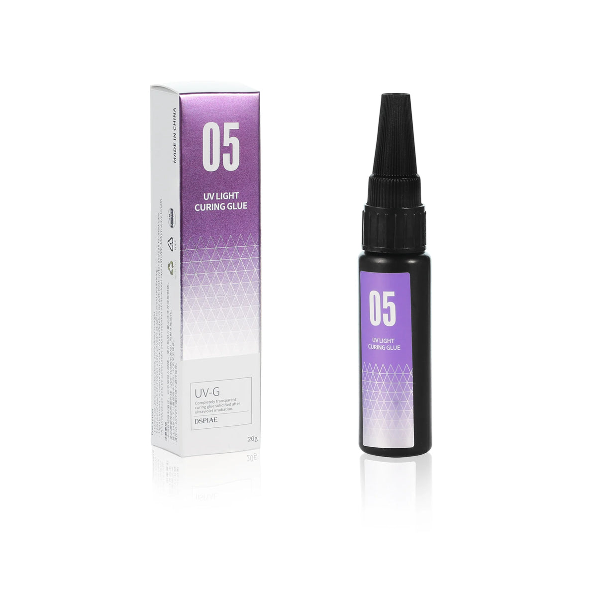 DSPIAE UV-G box and bottle on white, the box side printed with storage and curing precautions