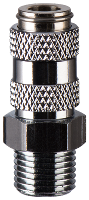 Iwata E-QD1 QuickFit coupling body on white background showing the knurled release sleeve and threaded base
