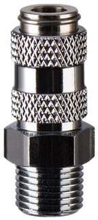 Iwata E-QD1 QuickFit coupling body on white background showing the knurled release sleeve and threaded base