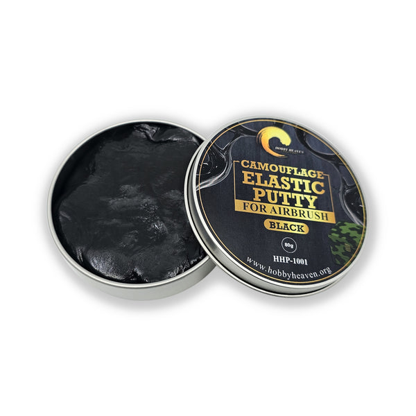 Close-up of black elastic masking putty inside open Hobby Heaven tin – ready to use