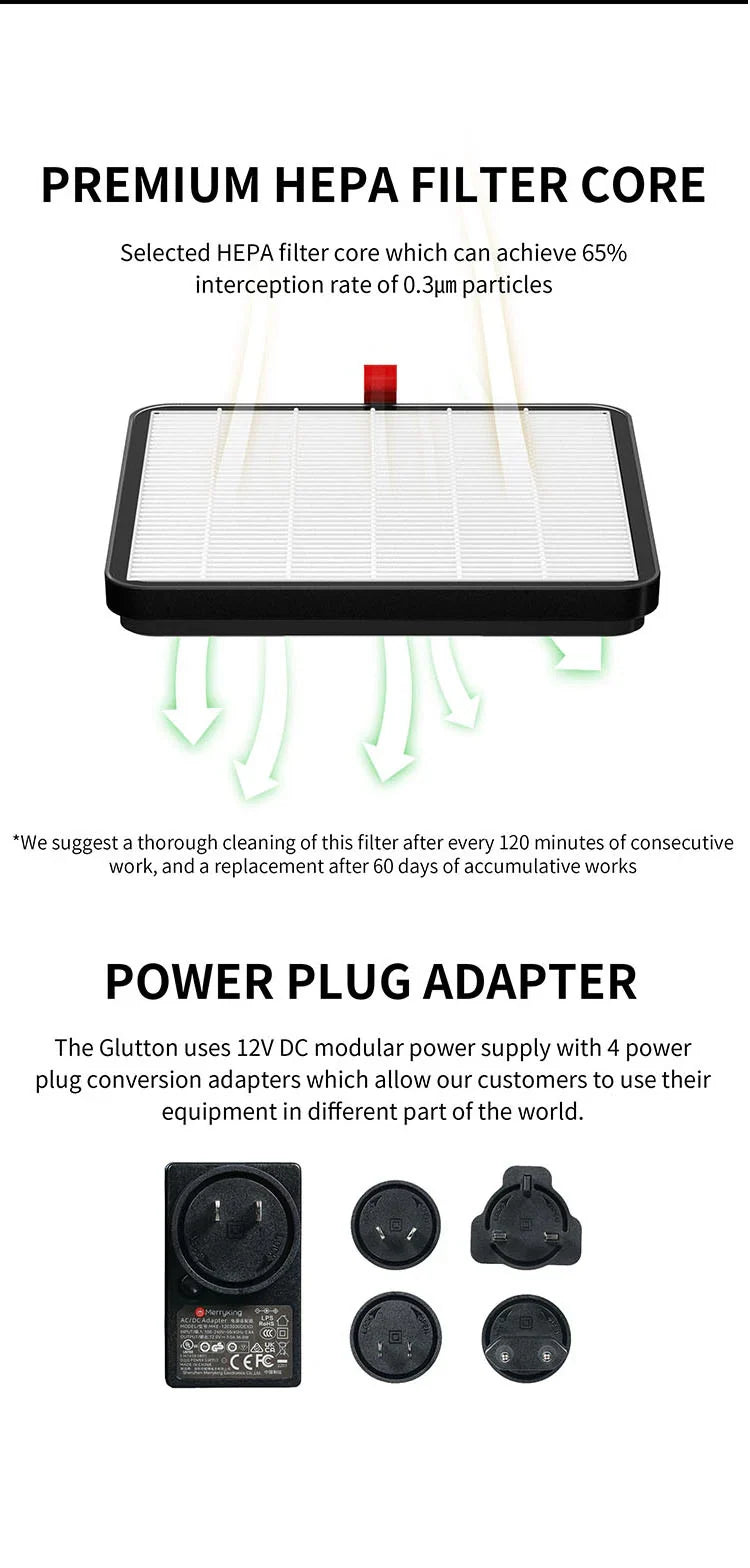 DSPIAE panels: HEPA filter core for 0.3 µm particles, and the 12 V power supply with four plug adapters