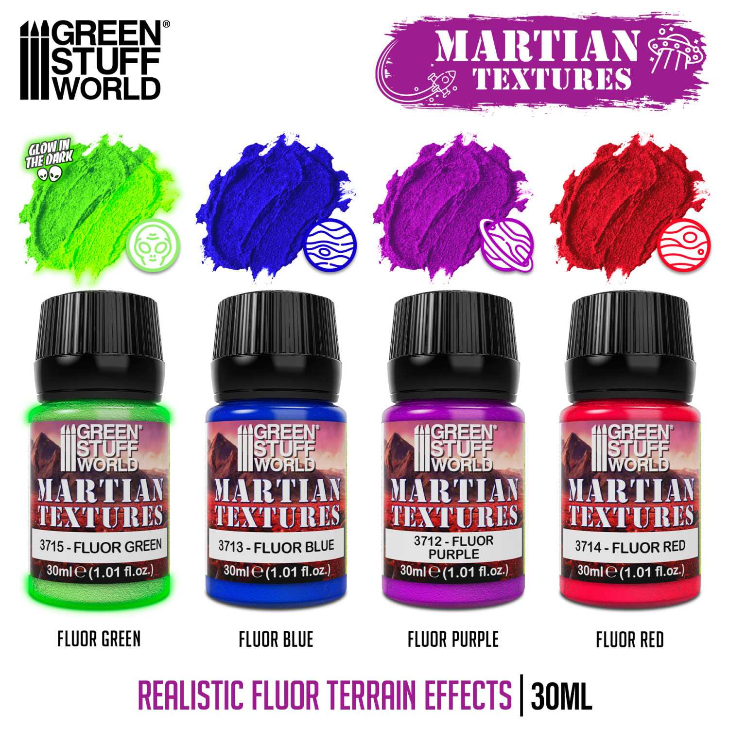 Green Stuff World Fluor Martian Texture Paint Set – 4×30ml