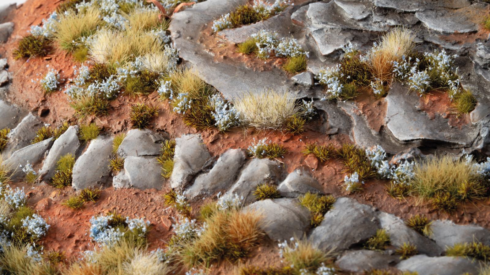 Diorama with Gamers Grass Forget me not Tiny Flowers blue tufts on rocky terrain